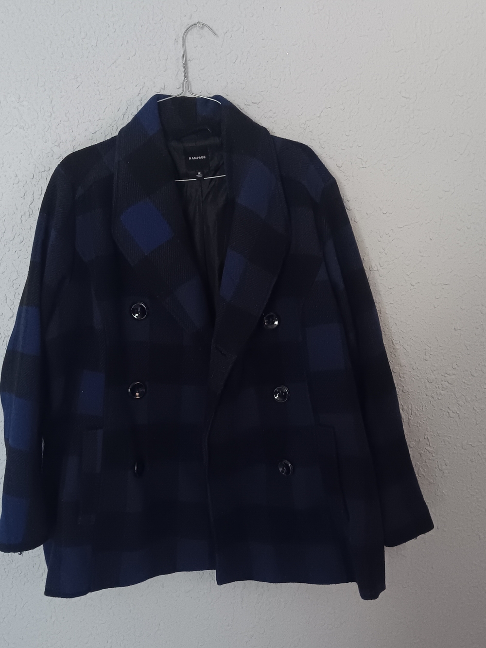 Rampage Navy and Black Plaid Coat with Lapel Collar